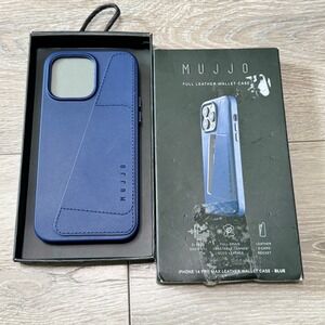 NIB Mujjo iPhone 14 Pro Max Leather Wallet Case Blue Slim Card Pocket